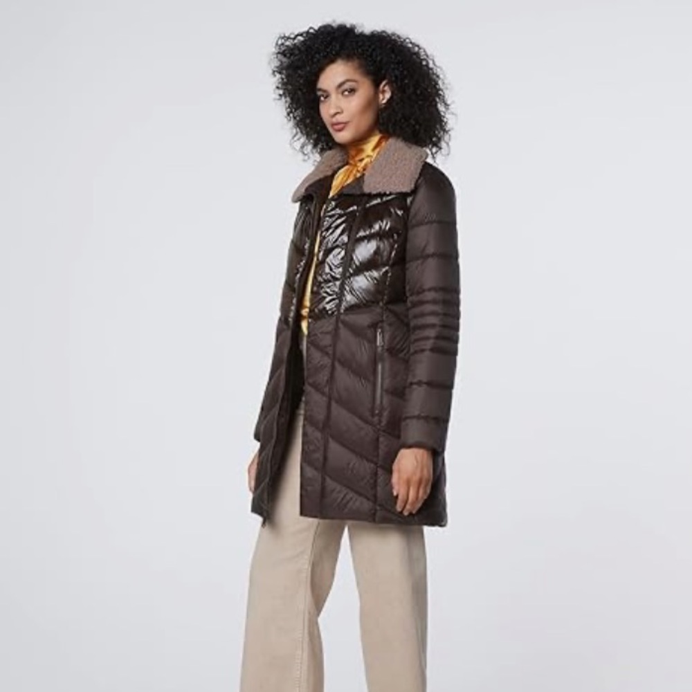 Marc New York by Andrew Marc Women's Asymmetrical Cire Puffer Quilted Mid-Length